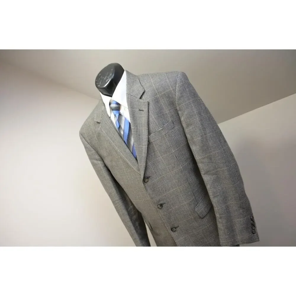 Jos A Bank Blazer Silk Wool Houndstooth 3 Button Sports Jacket Mens Size 44 Long - Picture 2 of 11